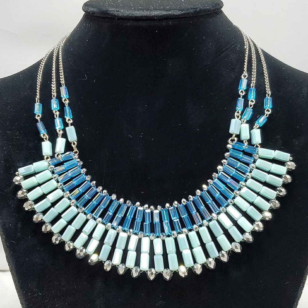Ali khan aqua glass beaded necklace with silver chain & with gift box